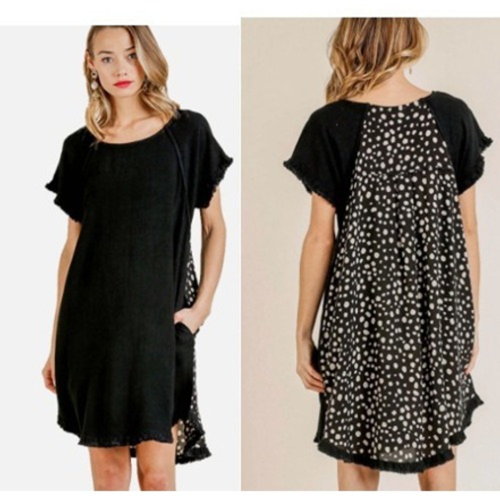 Umgee Women's XL Black Fringe Hem Tunic Dress Casual Boho Summer Cover Up